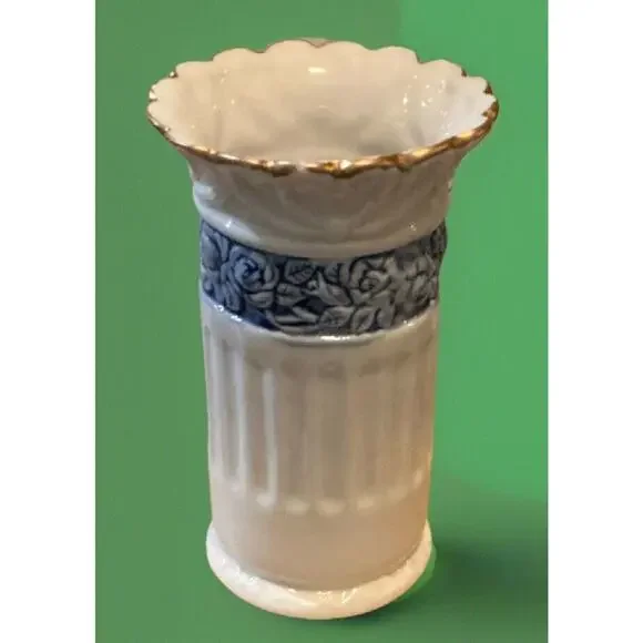 Vintage Art Deco Style Gilded Ceramic Vase Accented By A Pink Rose 5 1/2” Mint - Picture 2 of 2